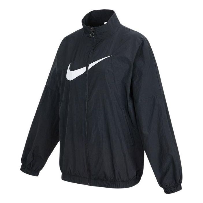 (WMNS) Nike Sportswear Essential Logo Pattern Wrinkled Woven Loose Stand Collar Jacket Black DM6182-010
