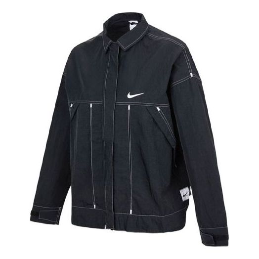 (WMNS) Nike SS22 Sportswear Swoosh Back Logo Printing Woven Jacket Autumn Black DM6204-010